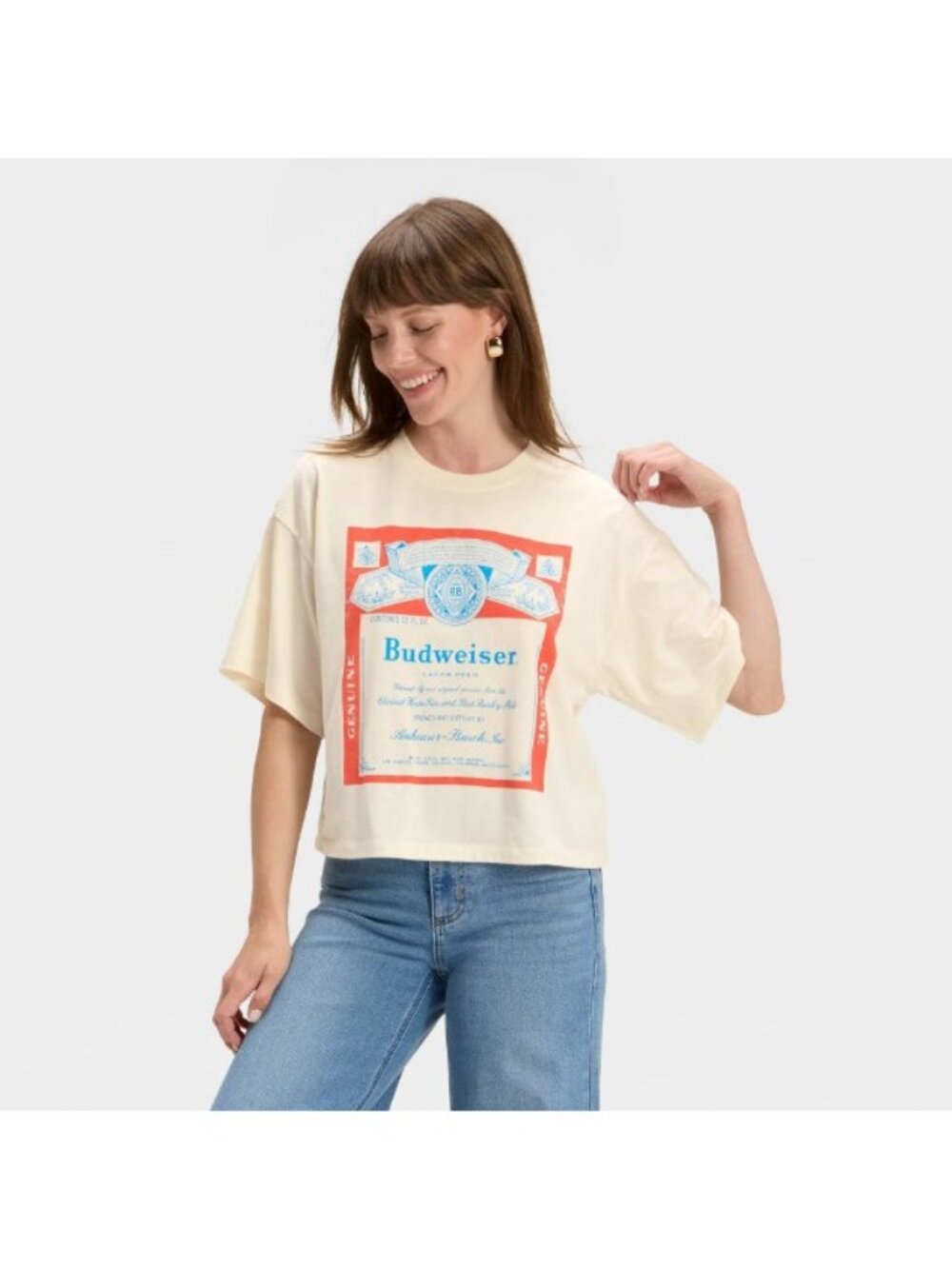 Budweiser Cropped Women Medium White Boxy Short Sleeve Graphic Print Crewneck